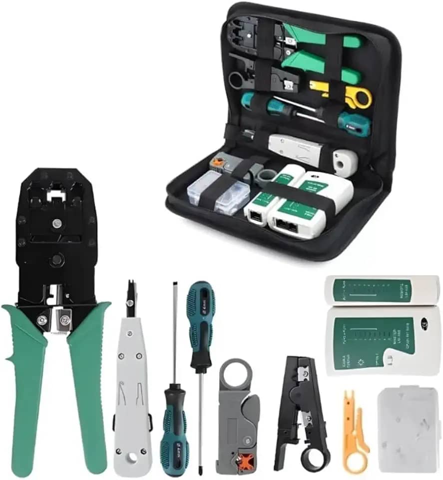 Kit Ferramentas 10 em 1 para Manutenção de Redes e Informática – Alicate Crimpador RJ45/RJ11, Testador de Cabos, Punch Down, Descascador, Chave Phillips, Maleta com Conectores – Linha Profissional