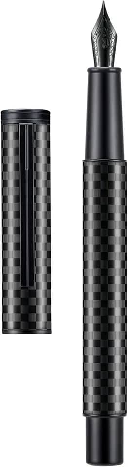 Hongdian Caneta-tinteiro de fibra de carbono floresta negra ponta média design moderno caneta de escrita suave com conversor de tinta recarregável e conjunto de estojo de caneta de metal