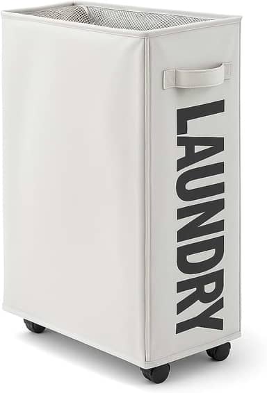 Cesto de roupa suja fino com rodinhas de 63,5 cm, cesto de roupa suja dobrável com alça, organizador e organizador de roupa suja dobrável, cesto de armazenamento alto Modelo Atualizado (Cinza Claro)