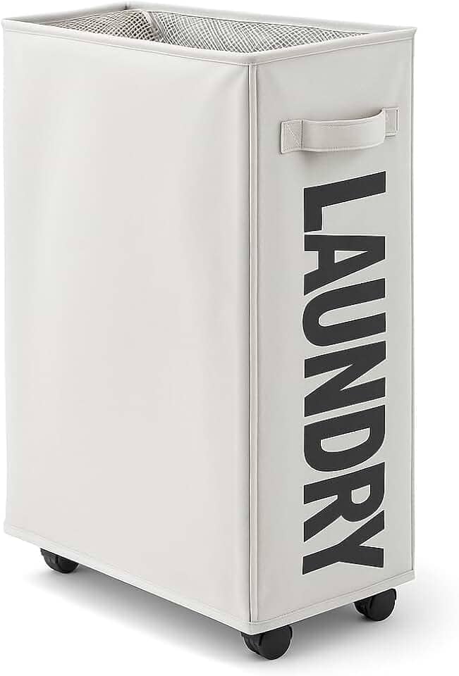 Cesto de roupa suja fino com rodinhas de 63,5 cm, cesto de roupa suja dobrável com alça, organizador e organizador de roupa suja dobrável, cesto de armazenamento alto Modelo Atualizado (Cinza Claro)