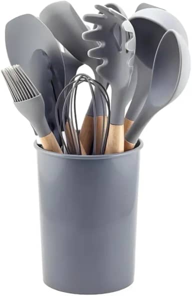 Conjunto de Utensílios de Cozinha, 12 Peças, Silicone e Madeira, Design Ergonômico, Antiderente e Resistente ao calor (Cinza)