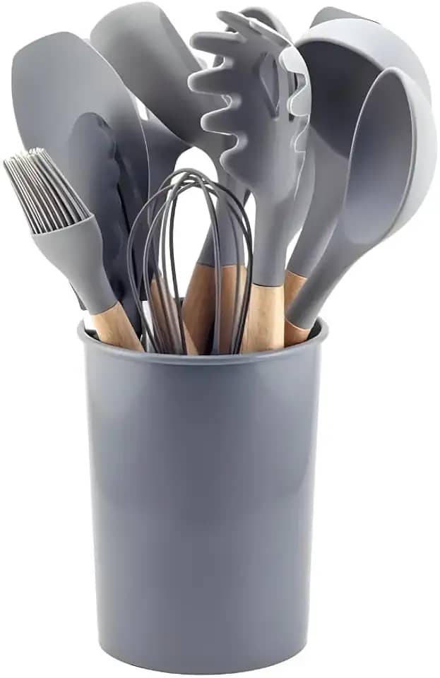 Conjunto de Utensílios de Cozinha, 12 Peças, Silicone e Madeira, Design Ergonômico, Antiderente e Resistente ao calor (Cinza)