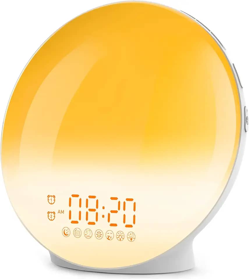 Relógio de Alarme Com Simulação do Nascer e Pôr do Sol, Alarmes Duplos, Rádio FM, 7 Sons Naturais, Soneca, Luz Noturna de 7 Cores, Alarme Digital