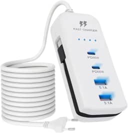 Carregador USB USB-C PD (Power Delivery) de Parede, Tomada Carregador, Hub, com 4 Portas, 2 Portas USB-C PD 66W, 2 Portas USB 5.1A