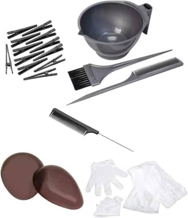 Kit Tintura para Cabelo, 12 Presilhas, Pente Metálico, Protetor de Orelha Marrom, Capa e Luva Descartável, Tigela de Coloração