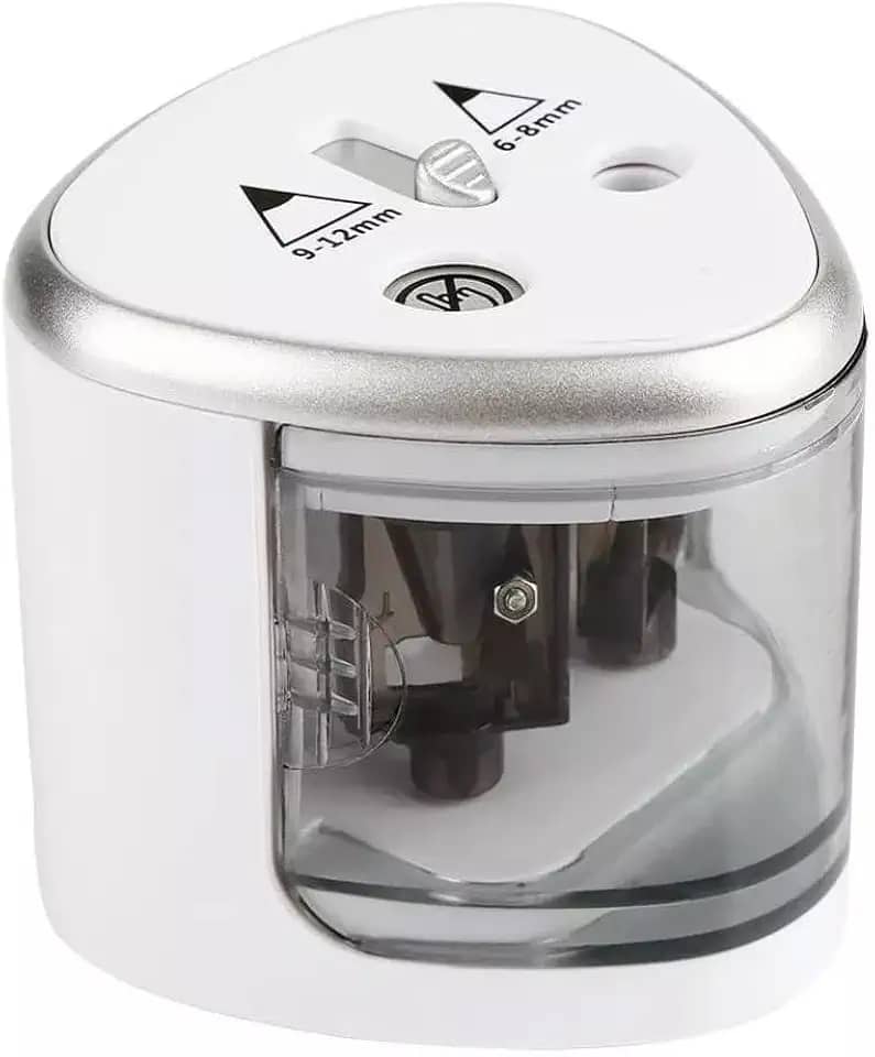Apontador Elétrico Duplo Automático Portátil com Tampa Transparente para Lápis 6-12mm – Ideal para Escola, Escritório e Uso Profissional Á Pilha Branco Premium