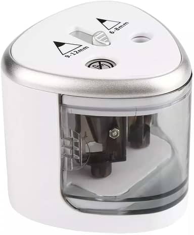 Apontador Elétrico Duplo Automático Portátil com Tampa Transparente para Lápis 6-12mm – Ideal para Escola, Escritório e Uso Profissional Á Pilha Branco Premium