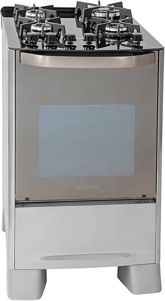 SUGGAR FOGÃO MASTER GRILL PRATA MESA DE VIDRO 4 BOCAS TRIPLA CHAMA GRILL 220V TREMPE FERRO FUNDIDO ACENDIMENTO SUPERAUTOMÁTICO FGVMTG412PRIX
