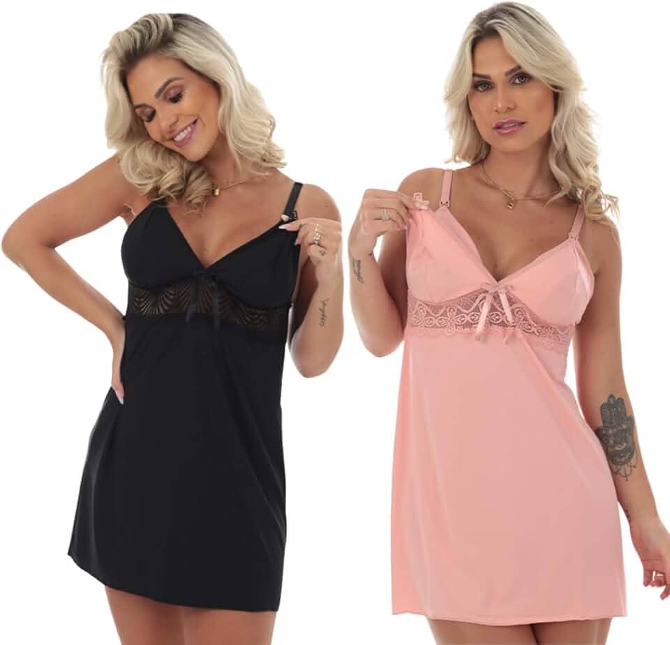 2 Camisolas de Amamentação com Fecho Abre Fácil Pijamas Maternidade Dormir Gravida