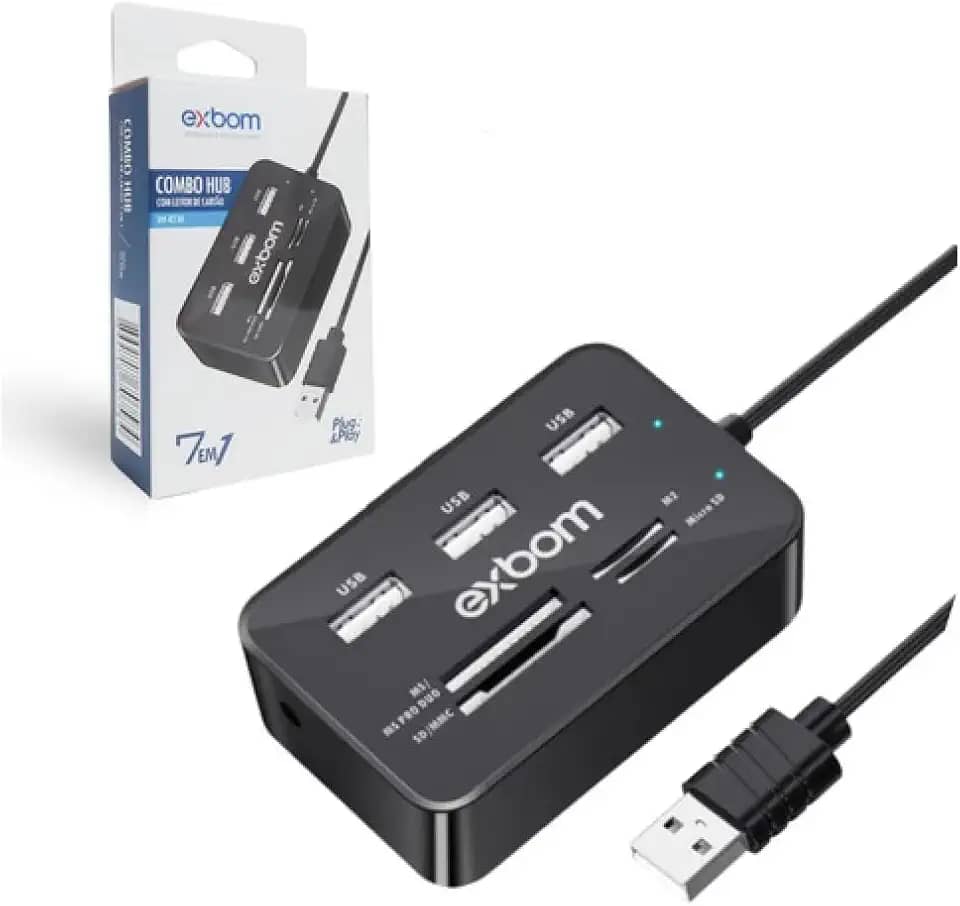 HUB 7 em 1 com 3 Portas USB 2.0 Extensor e Leitor de Cartão de Memória MS/MS PRO DUO/SD/MMC/Micro SD / M2 EXBOM UH-R230