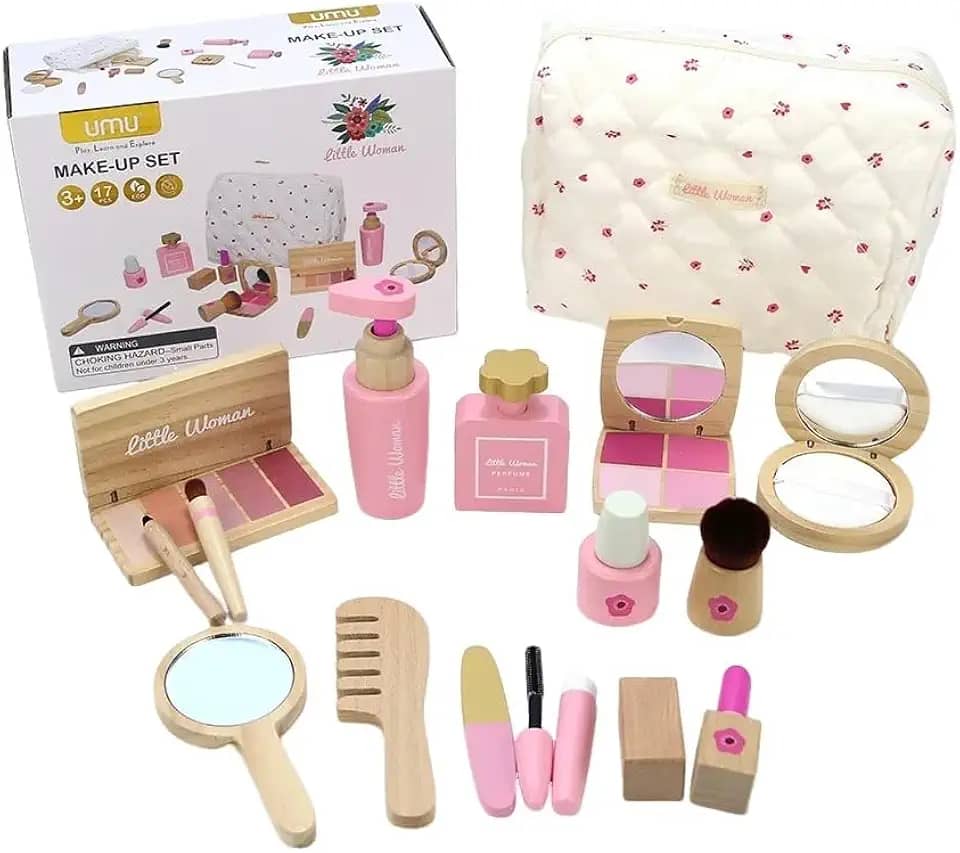 Conjunto de Maquiagem Infantil em Madeira, 17 Peças, Cosmético de Brinquedo com Estojo, Rosa e Natural, para Crianças Acima de 3 Anos, com Espelho e Pente