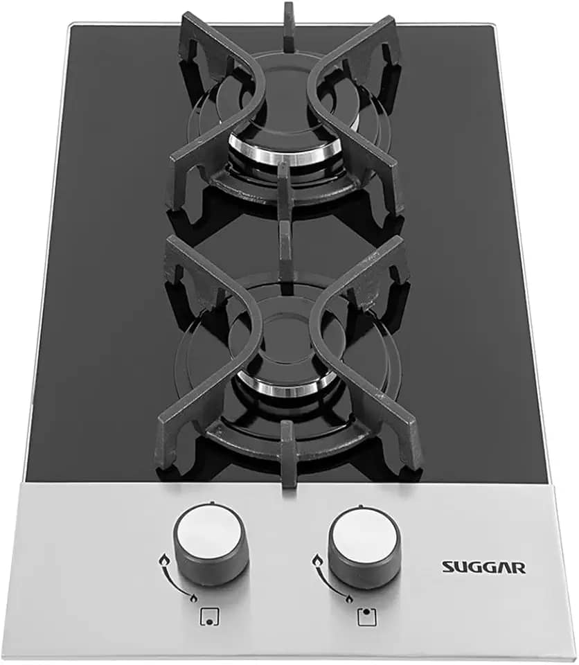 SUGGAR COOKTOP VIDRO PRETO E INOX A GÁS 2 QUEIMADORES ESMALTADOS DIFERENTES TAMANHOS TREMPES FERRO FUNDIDO FG2002FVPIX