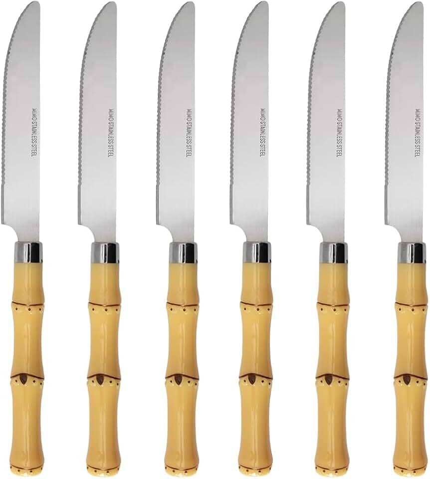 Mimo Style Jogo de Facas para Churrasco Aço Inoxidável Com Cabo de Plástico Linha Bambu Asper 21 cm, Conjunto Com 6 peças. Ideal Para Todas as Ocasiões e Perfeito Para Sua Cozinha