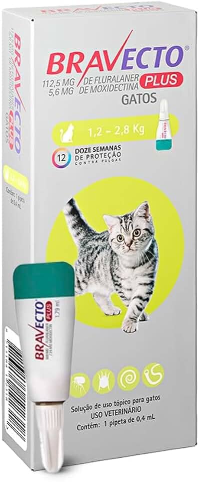 Bravecto® Plus Gatos Transdermal112,5mg - Antipulgas, Sarna de ouvido, Vermes intestinais - Gatos de 1,2 a 2,8kg - 1 Pipeta 0,4ml - MSD Saúde Animal