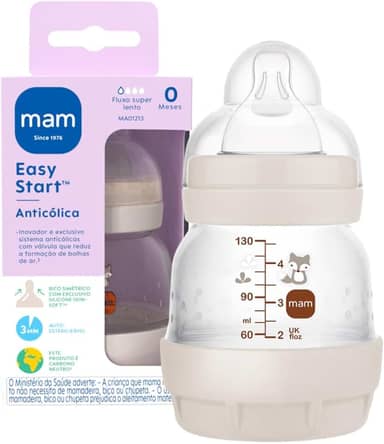 MAM Baby 1 Mamadeira Easy Start 130ml Anticólica e Menos Bolhas de Ar, para Crianças 0+ Meses Autoesterilizável e com Bico de Silicone Skinsoft, Neutra