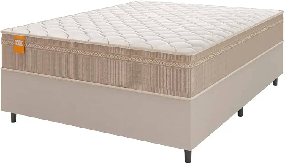 Cama Box Casal Colchão Molas Qatar 138x188x60cm Bege/Branco Inducol - Suporta Até 200 Kg Por Pessoa