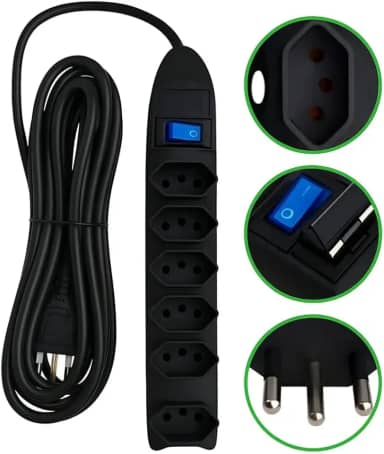 Extensão Elétrica 6 Tomadas com Fusível de Proteção e Interruptor – Cabo 3,0m Bivolt 110/220V, Filtro de Linha Seguro, 10A, Até 2500W – Régua de Tomadas para Casa e Escritório – (Preto)