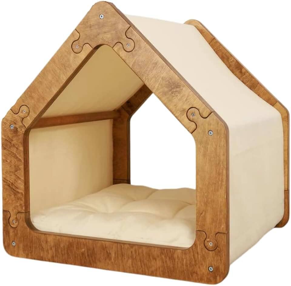 Cama Caminha para Pet Cachorro e Gato Tamanho Grande em Madeira e Tecido, Luma Pet, Design Casinha, com Almofada Macia, Bege e Marrom
