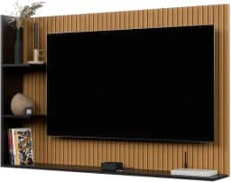 Painel Para TV 50 Polegadas Smart Para Sala Quarto Nicho Com Prateleira Berlim - Quality Móveis (Ripado/Preto)