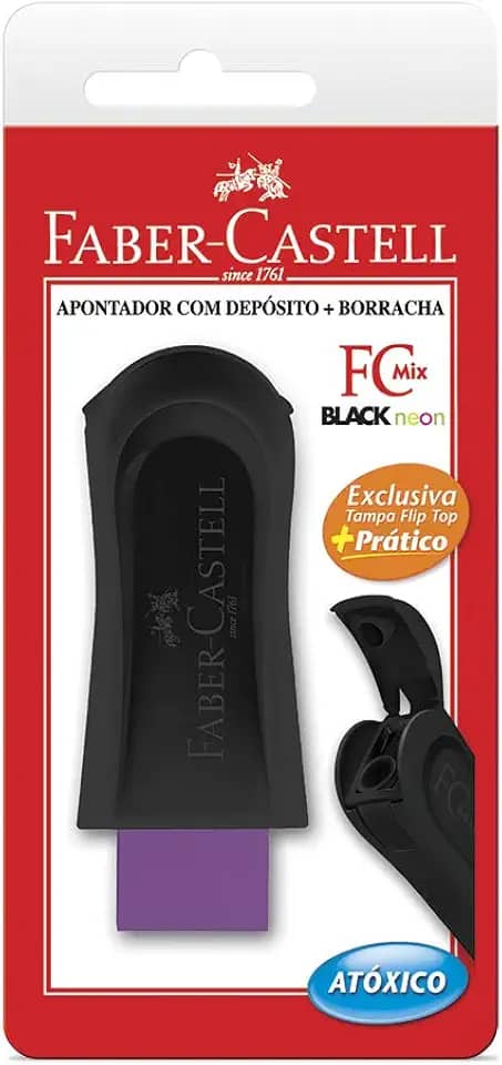 Apontador com Depósito e Borracha, Faber-Castell, FC Mix Neon, SM/124BORBNZF, Cores Sortidas, Cartela