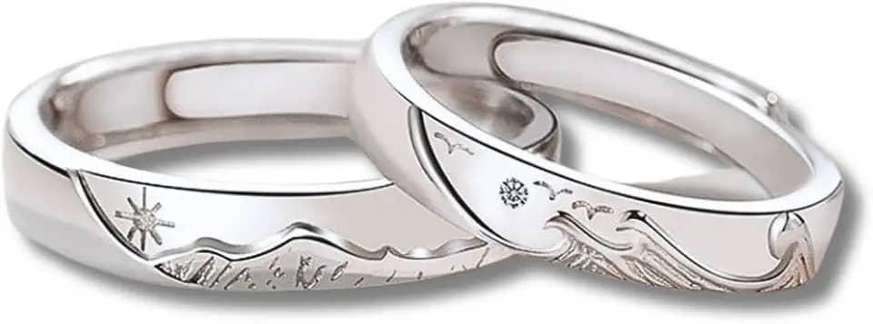 Par de Alianças Banhadas a Prata "Amor Duradouro" em Cobre Unissex Ajustáveis Mares e Montanhas – Acompanha Bolsa de Veludo