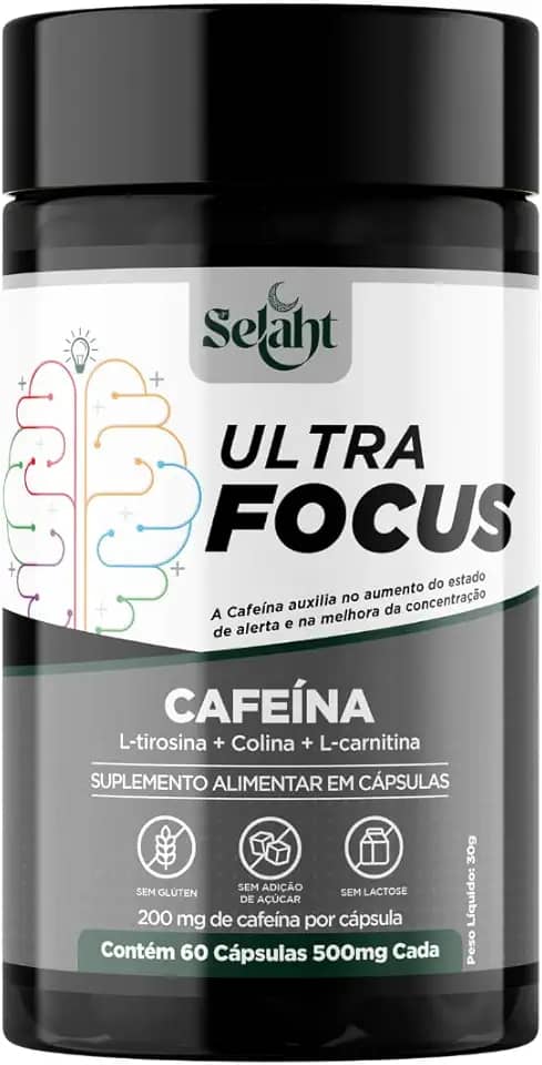 Ultra Focus Suplemento Alimentar com Cafeína 200 mg por Cápsula, Tirosina, Carnitina e Colina, Energia e Foco, 60 Cápsulas