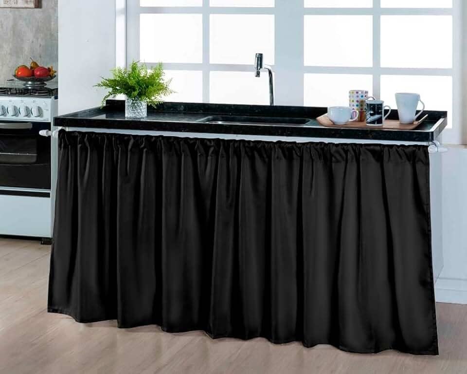 Cortina Para Pia Cozinha Balcão 3,00x0,80 Tecido Liso Preto