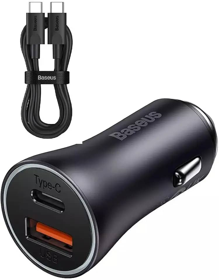 Kit Carregador Veicular Baseus USB-A + USB-C Turbo 60W, Cabo USB-C 1 metro, Golden Max Dual Preto