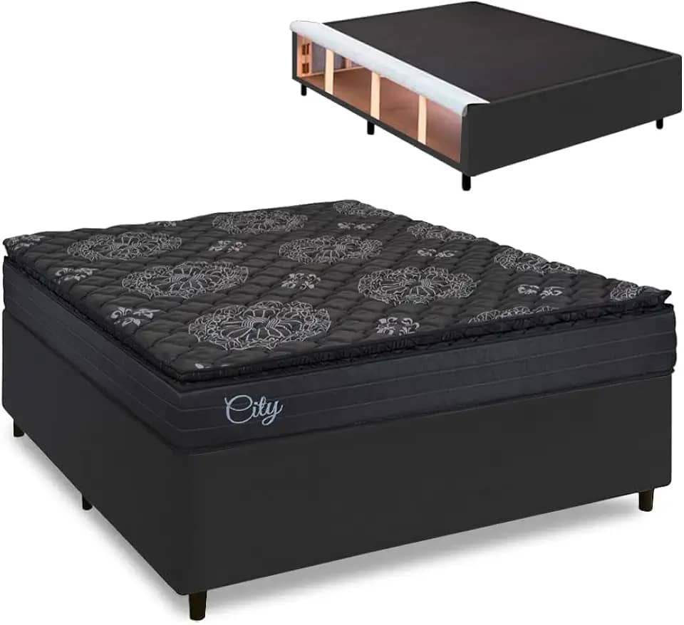Cama Box Baú Lateral King Colchão com Molas Ensacadas City Pillow Top 193x203x67cm Preto