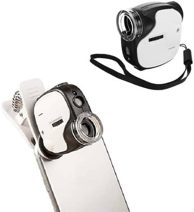 LUPA MICROSCOPIO DE BOLSO PORTATIL AUMENTO 55X AJUSTAVEL COM LED E ULTRA VIOLETA COM CLIP PARA CELULAR PARA MEDICINA ANTIGUIDADE JOIAS