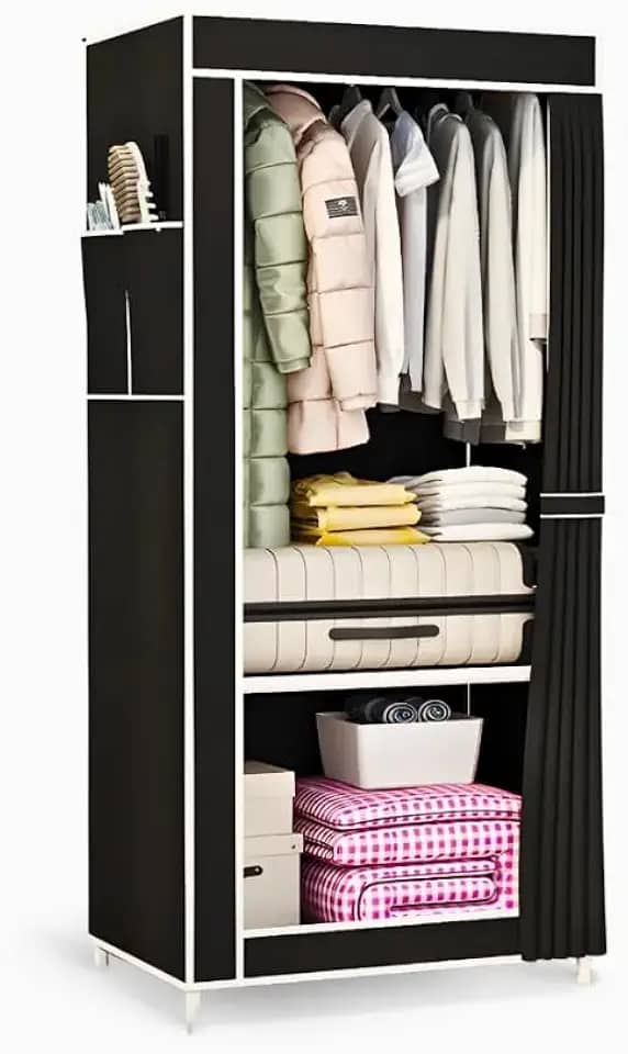 Armário Organizador Guarda Roupa Dobrável. A solução perfeita para o seu Closet! 1 Porta, Portátil, Multiuso com Bolsos Laterais - Preto