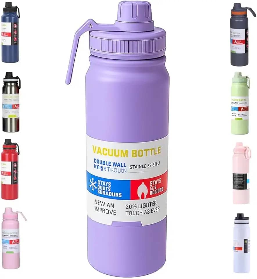 Garrafa de Água Térmica Inox 800ml Esportiva com Alça Parede Dupla Isolada a Vácuo Antivazamento Garrafinha Academia Fitness Corrida Esportes Escritório – Premium (Roxo Claro - Lilás)