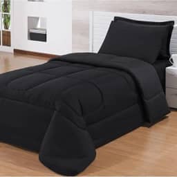 Edredom Solteiro Para Cama Box Dupla Face Com Fronhas 3 Peças (Preto/Preto)