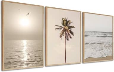 Quadro Decorativo Praia Coqueiro Mar Paisagem passaro Sala Quarto bege clean Com Moldura vidro (Madeira, 40x60)