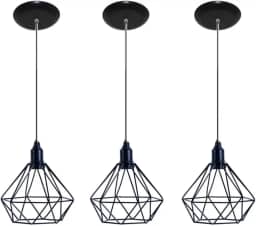 Kit 3 Pendentes Diamante Aramado Luminária Preto Cabo Regulável