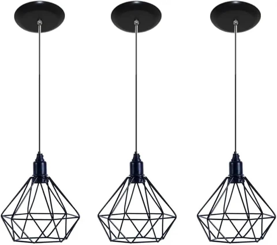 Kit 3 Pendentes Diamante Aramado Luminária Preto Cabo Regulável
