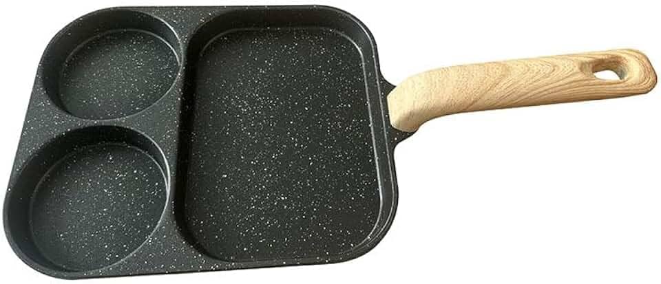 Panela Antiaderente para Ovos e Bistec 3 em 1 de Alumínio com Seções Cozinhar Fritos Cabo Madeira Presunto Omelete Muffins Ovo Bacon