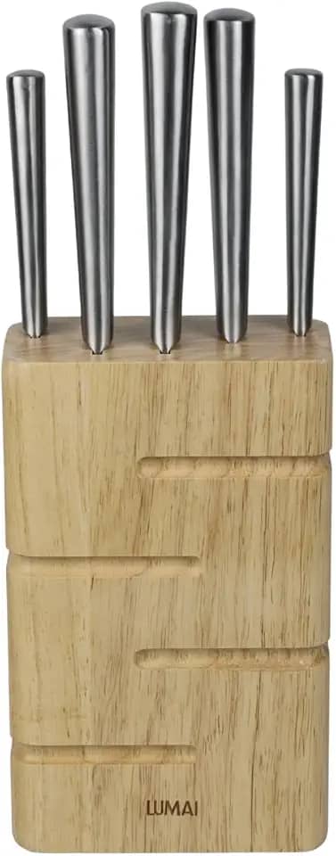 LUMAI Kit Porta Facas de Madeira com 5 Facas Inox com Faca do Chef, Santoku, Pão, Utilitária e Descascar, Cepo para Organização de Facas na Bancada da Cozinha