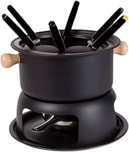 Kit Jogo Panela Conjunto Fondue 11 Peças Aço Inox e Madeira Carne Chocolate Queijo Jantar Romântico
