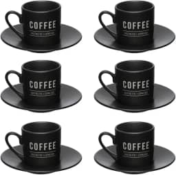 Jogo de Xícaras Porcelana 80ml para Café com Pires Manhattan Hauskraft Preta 6 Peças