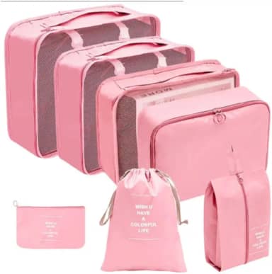 Kit Organizador de Malas para Viagem 7 Peças Conjunto Organizador Roupas Bolsas Necessaire Sapatos Maquiagem Completo Bagagem Organizada Premium (Rosa)