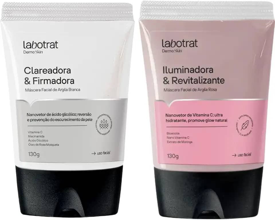 Kit Mascara Facial De Argila Branca + Rosa Clareadora Iluminadora Dermo Skin Labotrat 130g