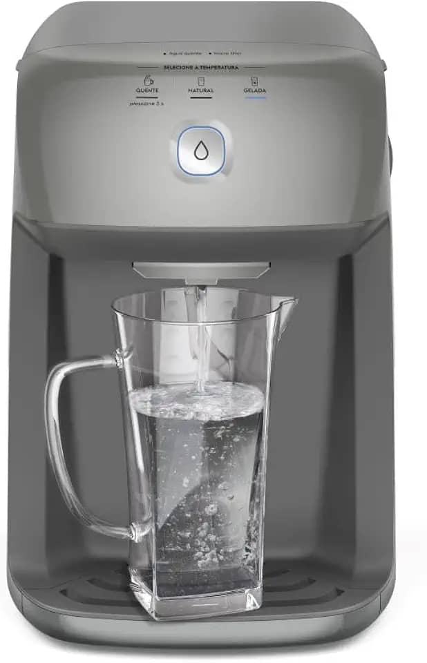Purificador de Água Quente 800ml Gelada 2,4L Fria e Natural Motor Compressor controle de temperatura reservatorio de 3,3L total Alerta troca de Filtro refil 6 meses ou 3000l Cinza PH41X 220V