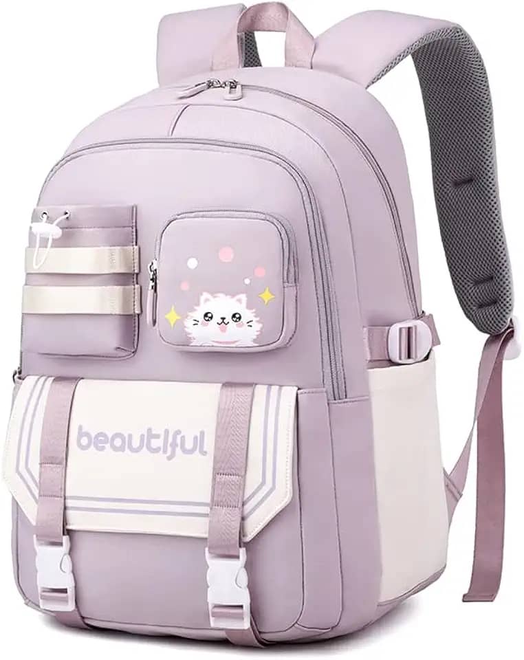 Mochila para Mulheres e Estudantes, Resistente à Água com Estampa de Gato Fofa, Cabe Notebook de 15,6 Polegadas, da Série Jovem e Alegre