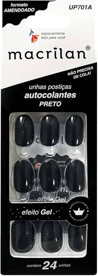 Macrilan Unhas Postiças Formato Amendoado Com Adesivo - Preto - Plástico Abs Up701A -