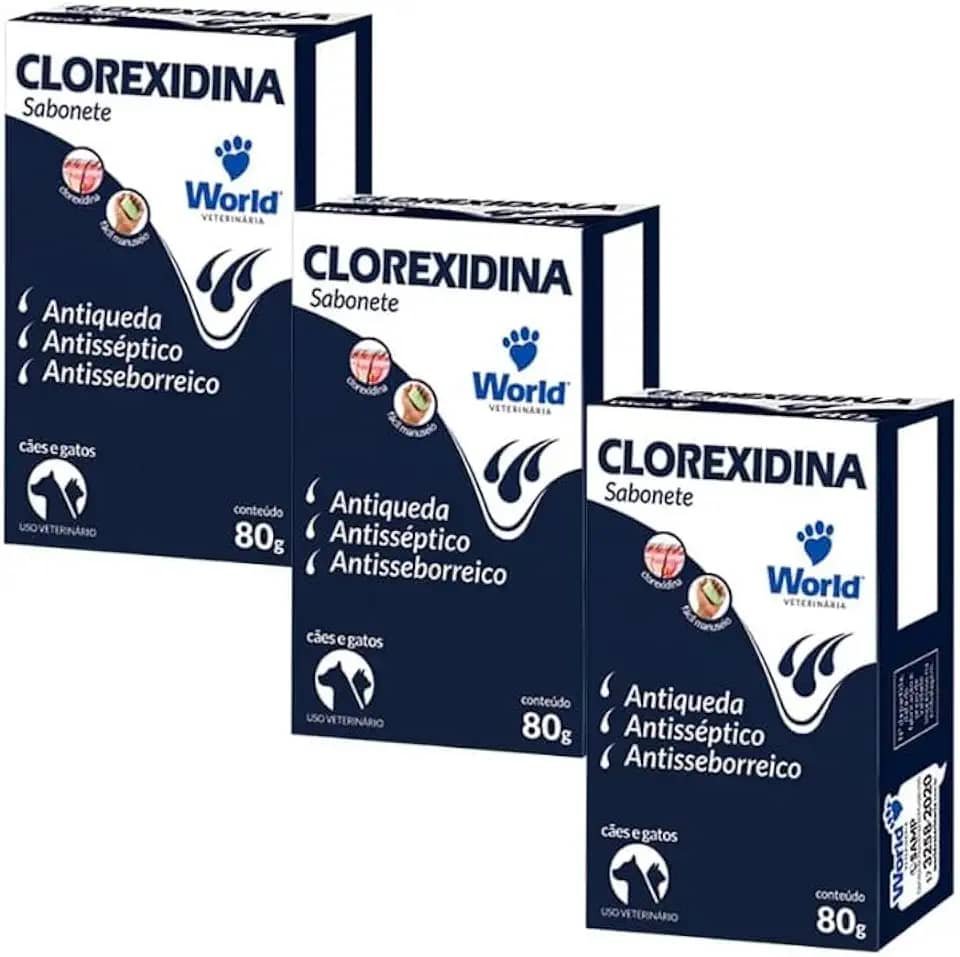 Kit 3 x Sabonete Clorex idina Antisséptico Antiqueda Antisseborreico World Veterinária para Higiene e Condicionamento de Cães e Gatos - 3 x 80G