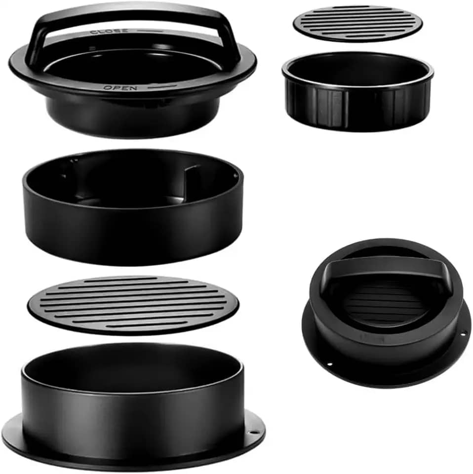 Molde de Hambúrguer 3 em 1 de Plástico – Prensa Manual para Hambúrguer Artesanal Recheado e Smash – Utensílio para Cozinha e Churrasco