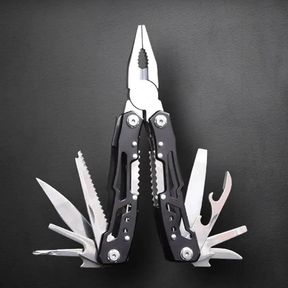 Mini multiferramenta 12 em 1, alicate de ponta agulha, canivete de bolso, chaveiro, abridor de garrafa, presentes para homens, equipamentos de acampamento, caminhadas, preto