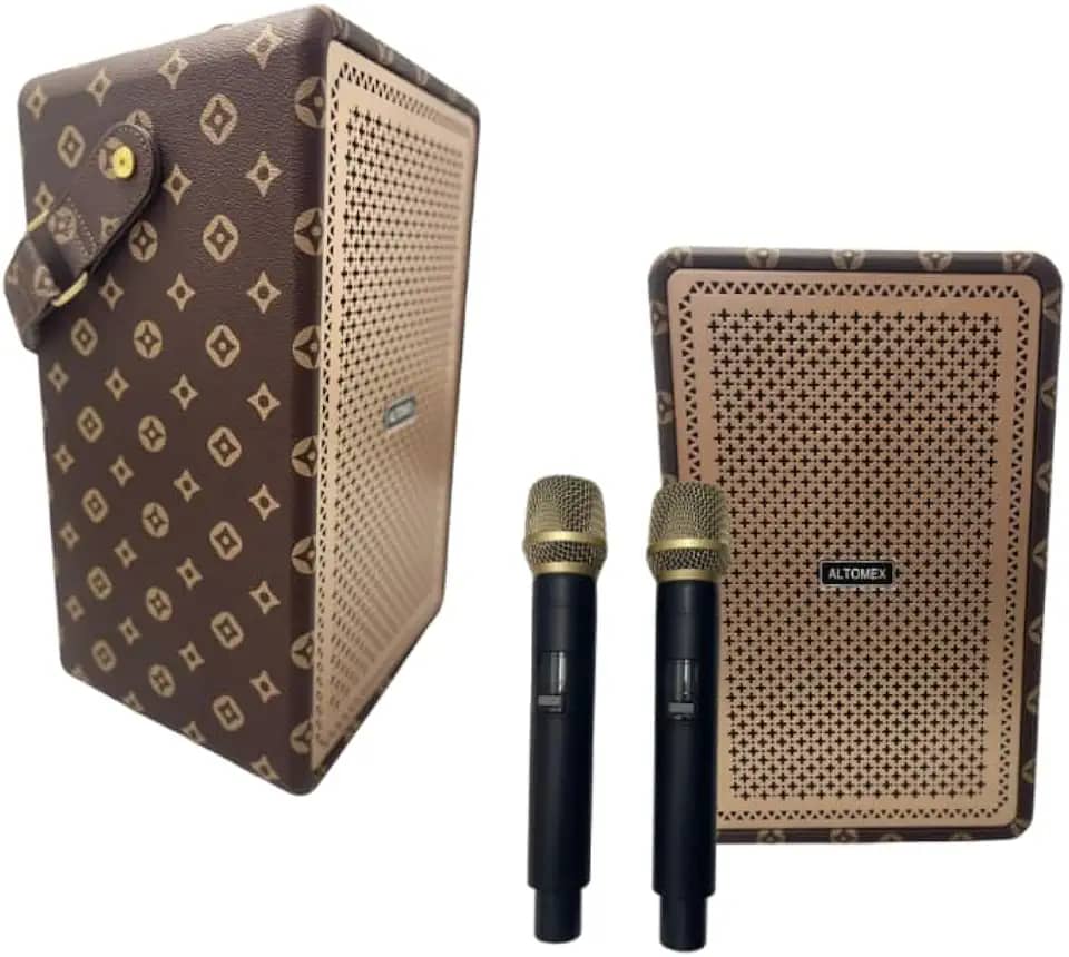 Caixa de Som Karaokê Bluetooth sem Fio com 2 Microfones, 100W PMPO, Bateria Recarregável, Luzes LED, Rádio FM, USB, Cartão SD, Portátil (Marrom)