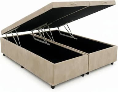 Cama Box Baú Queen Bipartido 79, Blindado, Pistão á Gás, Pés de Madeira (Suede, Bege)